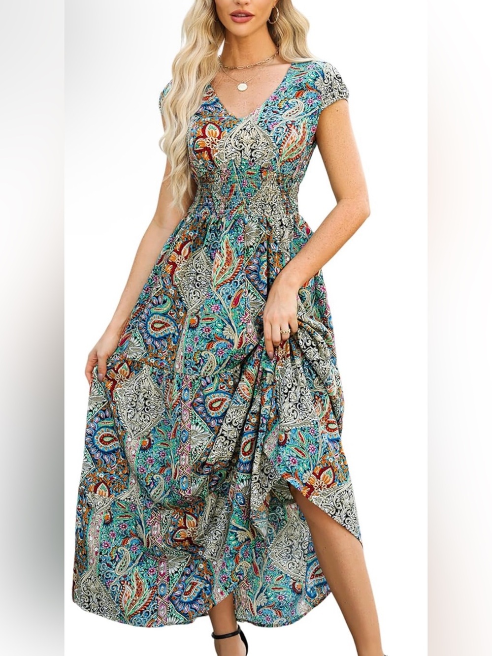 Cupshe Teal Multi Paisley V‑Neck Maxi Dress